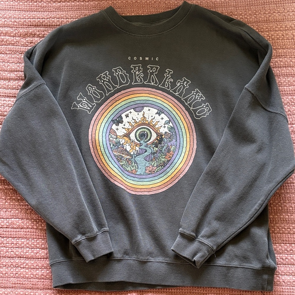 Ghanda Charcoal Crewneck with Rainbow Cosmic Graphic